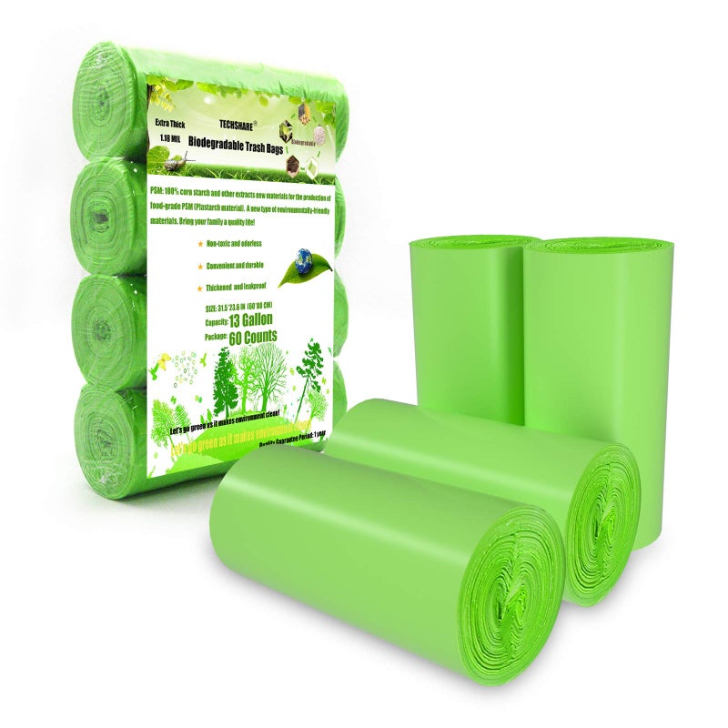 Techshare Trash Bags Biodegradable, Strong Rubbish Bags, Trash bags Recycling & Degradable Garbage Bags, Compostable Bags (Green, 13 Gallon) - Image 1